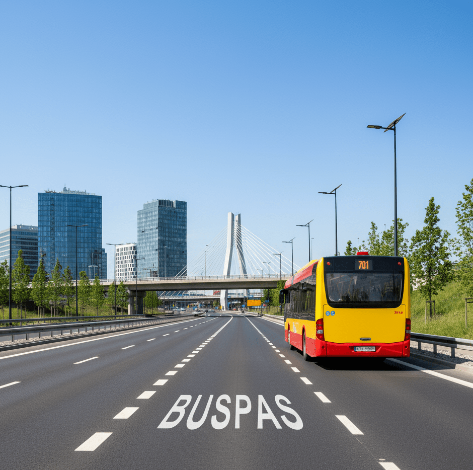Widok na buspas z Łomianek do Warszawy, z autobusem linii 701 jadącym w kierunku nowoczesnych wieżowców, symbolizujący brak korków.
